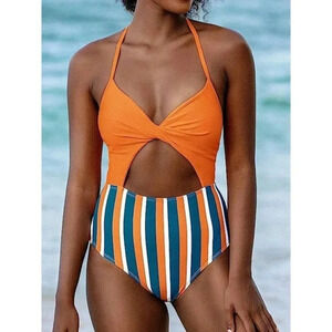 Cupshe‎ Kylie Halter Lace Up Twist One Piece Swimsuit Size L orange blue stripe